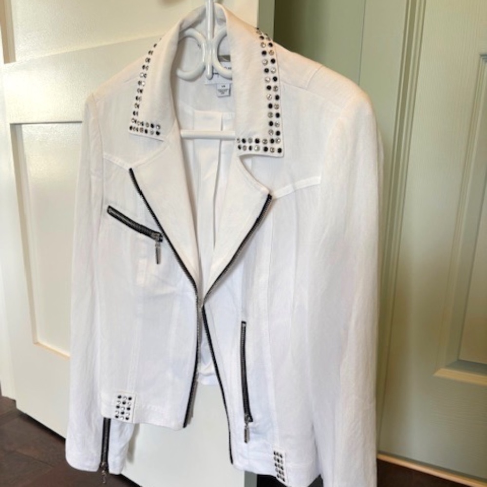 JOSEPH RIBKOFF sz L blazer jacket white with black trim decorative rhinestones
